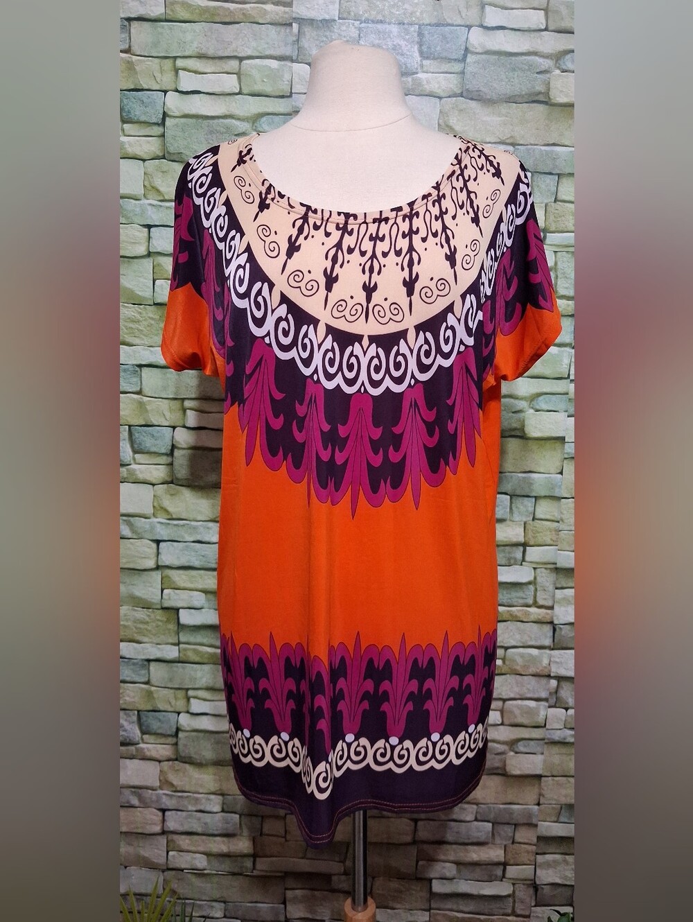 2X Boho Orange & Purple Short Sleeve Tunic Top